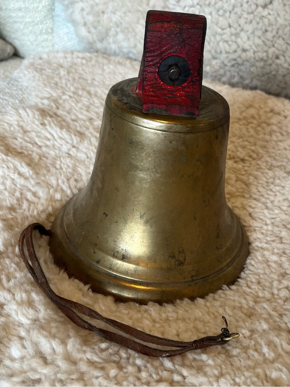Antique Brass Dinner Bell with Red Leather Strap